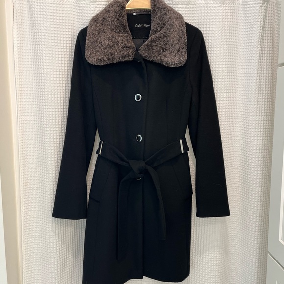 Calvin Klein Jackets & Blazers - Calvin Klein Black Trench Coat with Brown Faux Fur Collar